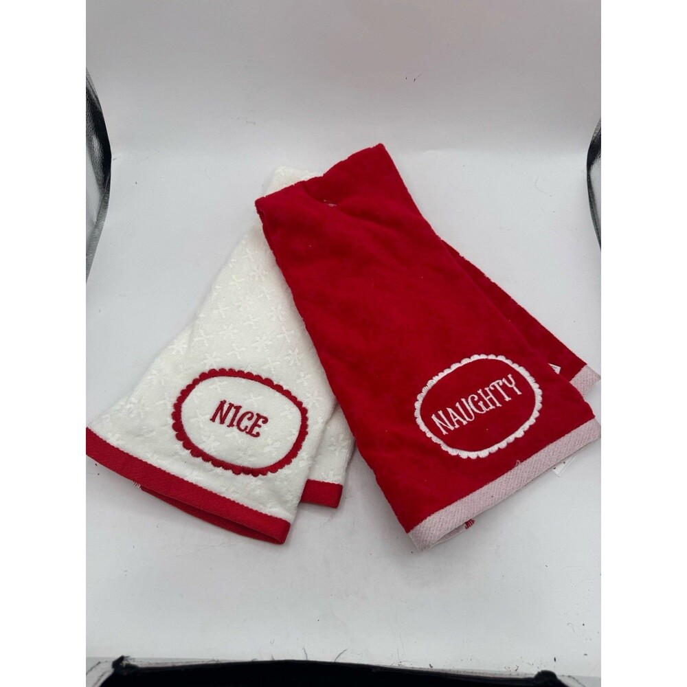 Naughty And Nice Christmas Hand Towels Red White Seasonal New Cotton